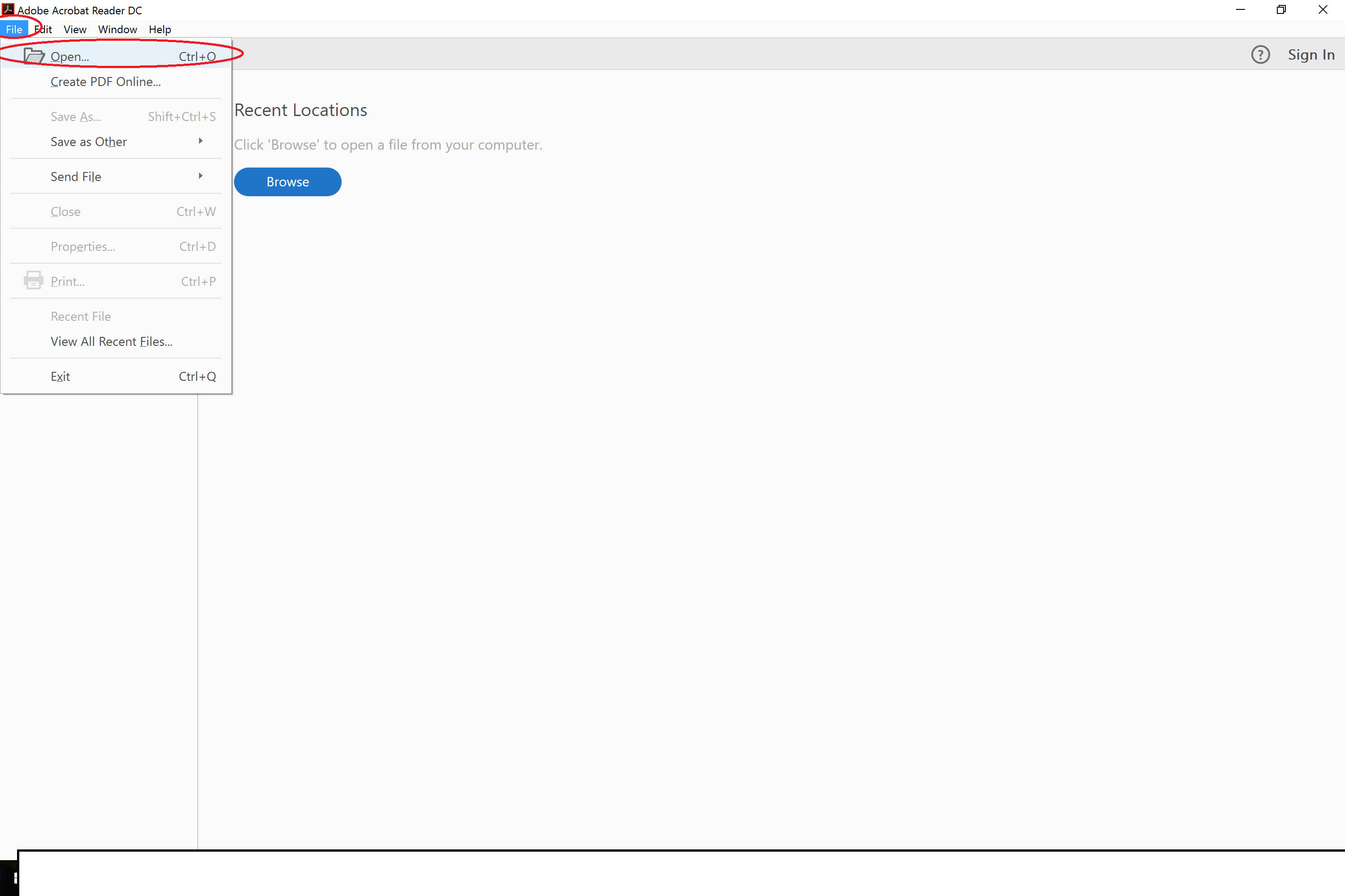 Adobe Acrobat Open File Menu